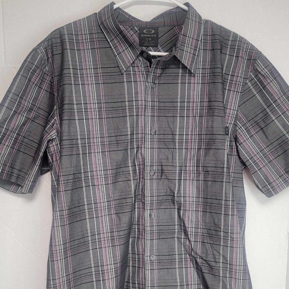 Mens Size L  Oakley Short Sleeve Plaid stripe black grey pink button down shirt - Picture 1 of 9